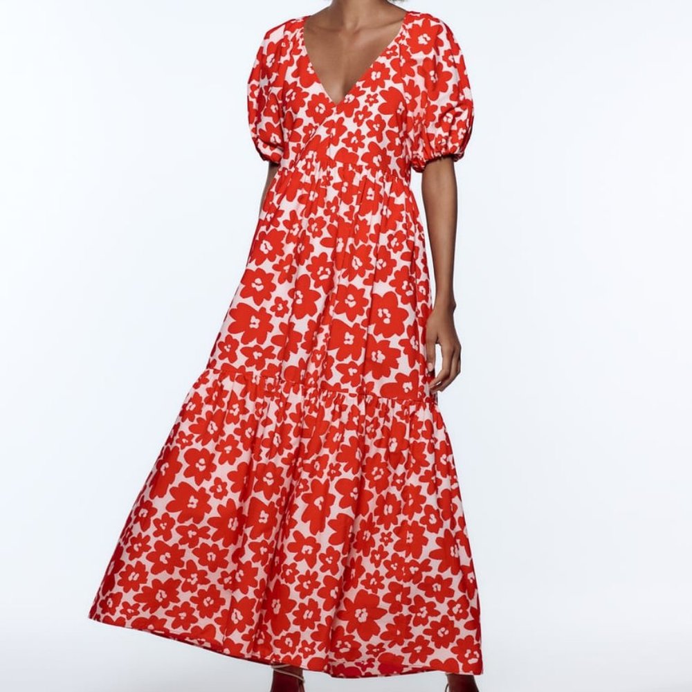 Zara Printed Poplin Dress, Red Size M